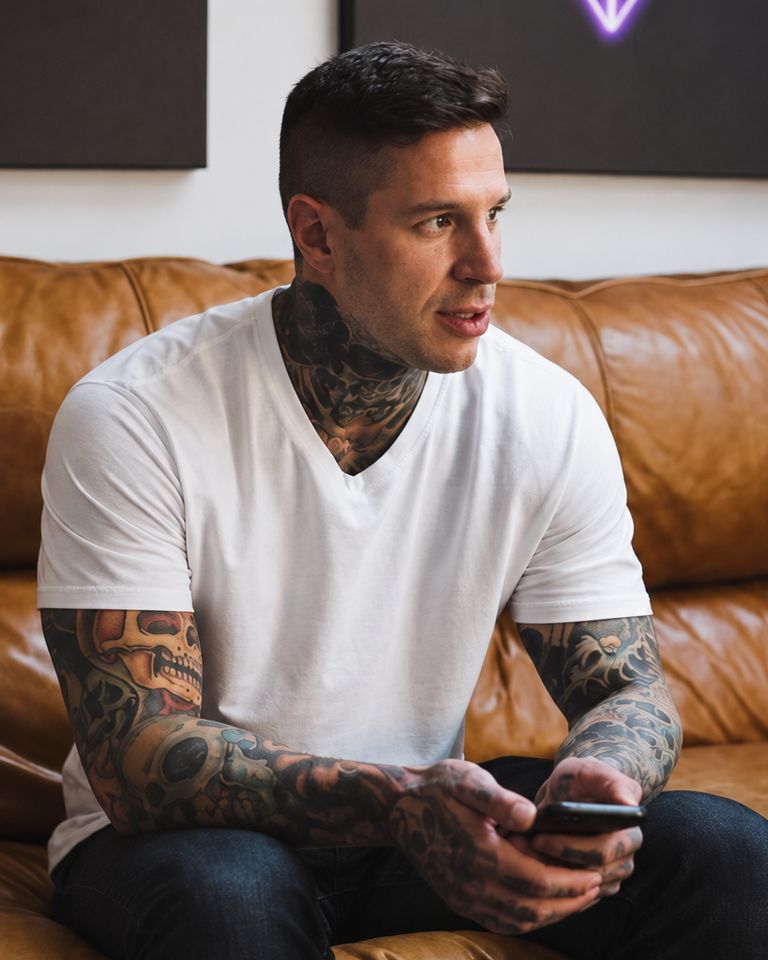 Justin Gilmore, founder of Team Strategy, seated on a leather sofa holding a phone.