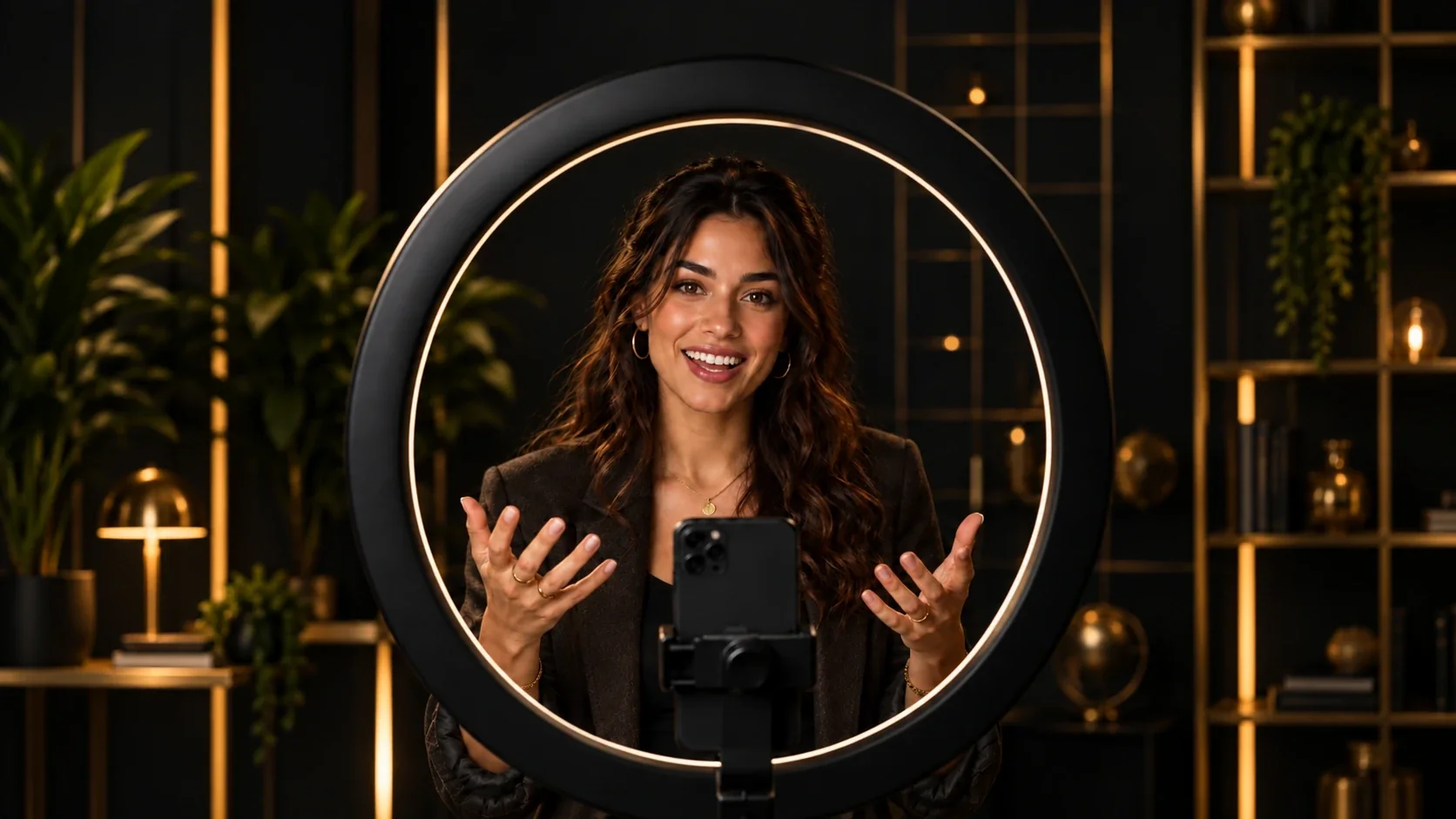Illustrative depiction of a creator recording a video with a ring light and a phone on a tripod. Not a client.